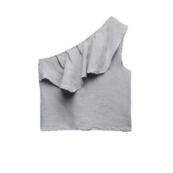 Gray Zara Linen Asymmetrical One Shoulder Ruffle Raw Hem Boho Blouse Top (NWT) - Picture 1 of 8